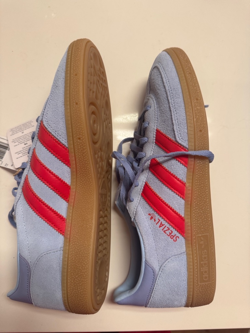 Women Adidas Light Blue Suede Sneakers with Red Stripes and Gum Sole - Picture 5 of 5